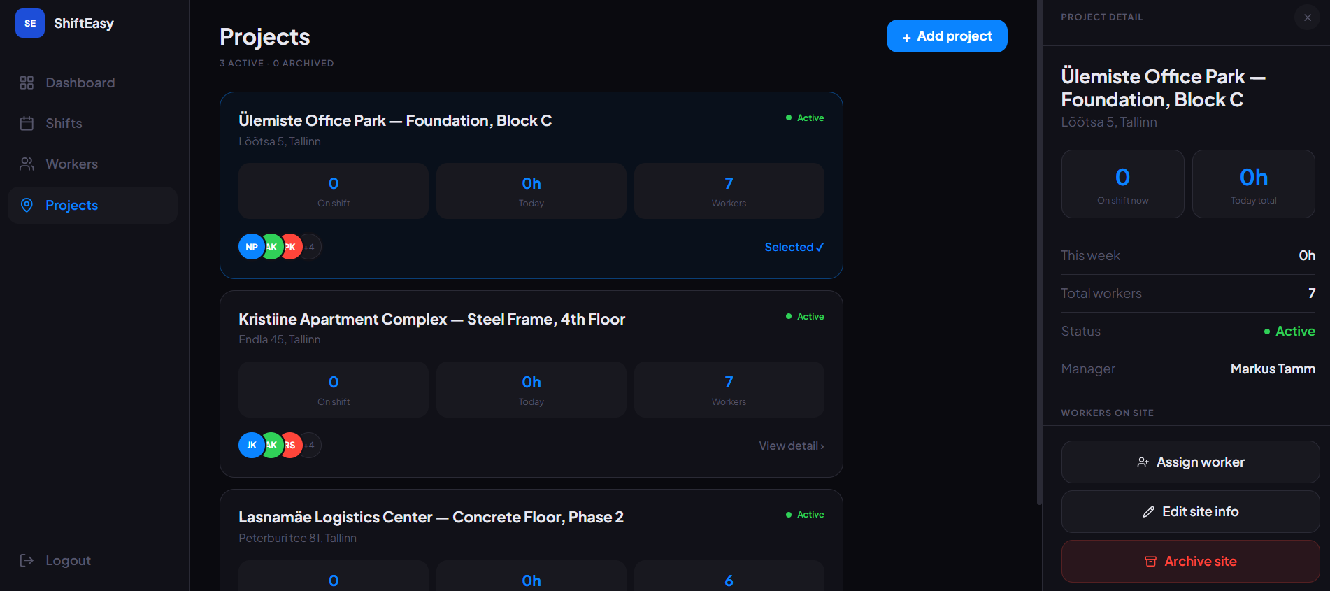 ShiftEasy projects screen listing active construction sites with a detail panel
