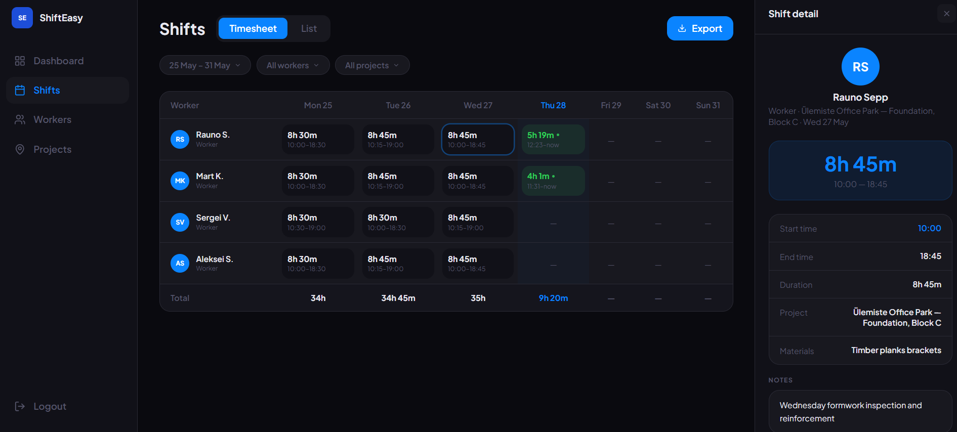ShiftEasy weekly timesheet grid with a shift detail drawer and export button